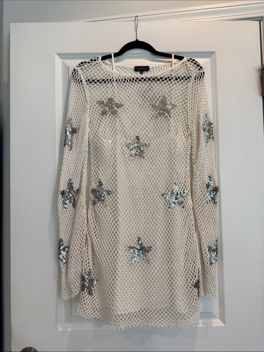 MAJORELLE Cream Sequin Star Mesh Long Sleeve Dress